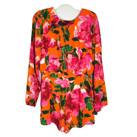 LULU'S Sweetest Song Orange Floral Backless Long Sleeve Romper Medium Summer NEW - Picture 3 of 15